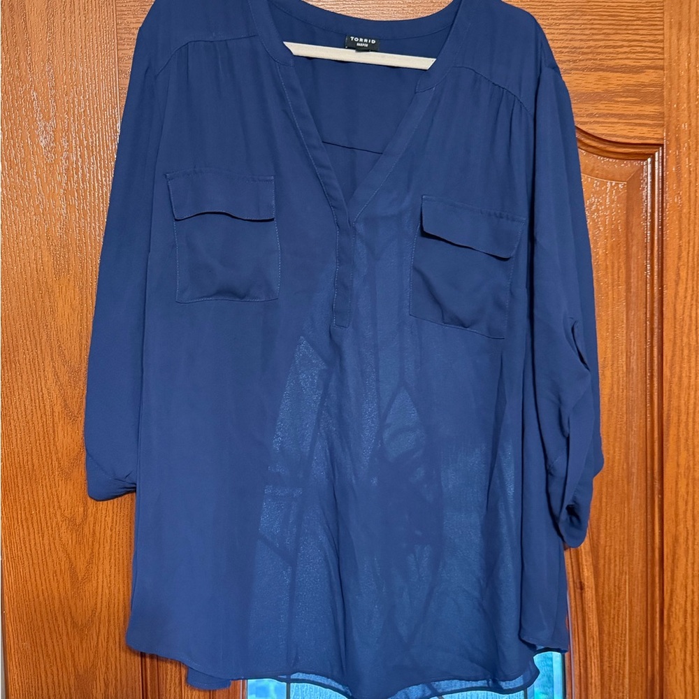Torrid Sheer Deep Blue Blouse with Pockets size 4